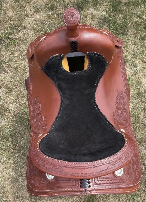 Bob Avila 16.5" Reining Saddle with a brown saddle and a black leather seat.