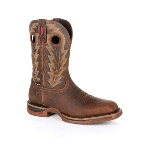 A pair of brown Rocky Long Range Western Work Boots with a brown outsole.