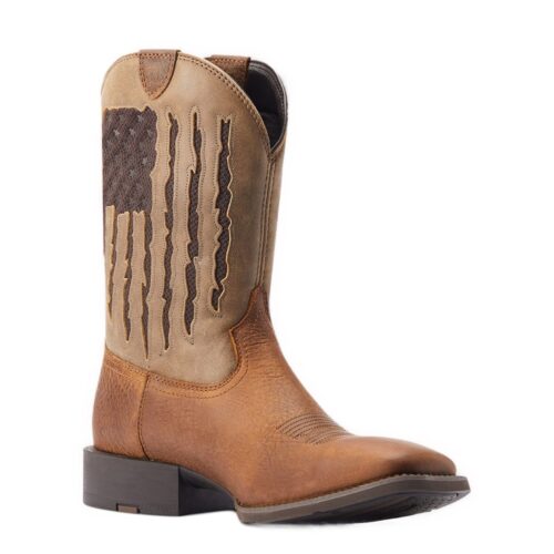 Brown leather cowboy boots with American flag design.