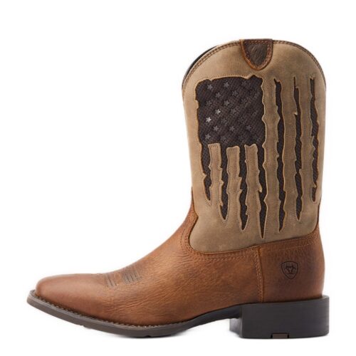 Brown leather cowboy boots with American flag design.