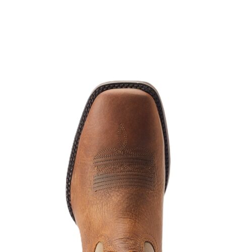 Brown leather cowboy boot top view.