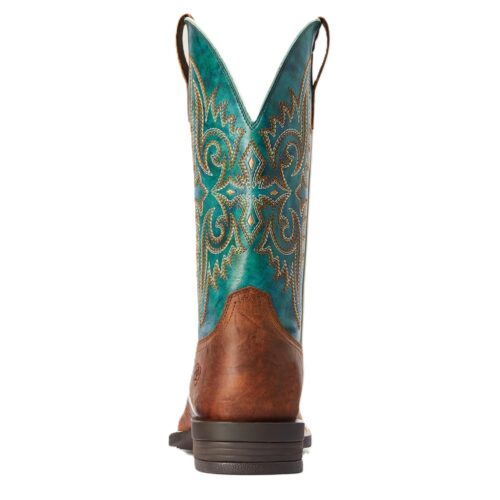 Brown and teal embroidered cowboy boots.