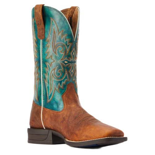 Brown leather cowboy boot with turquoise design.