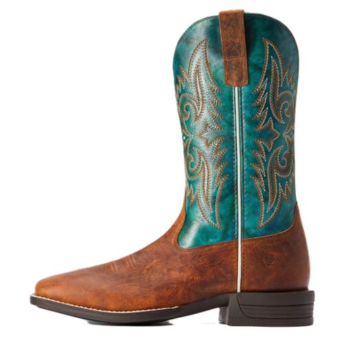 Brown leather cowboy boot with turquoise design.