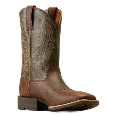 Brown and green leather cowboy boots.