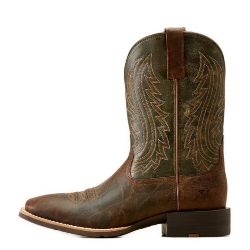 Brown leather cowboy boot with green stitching.