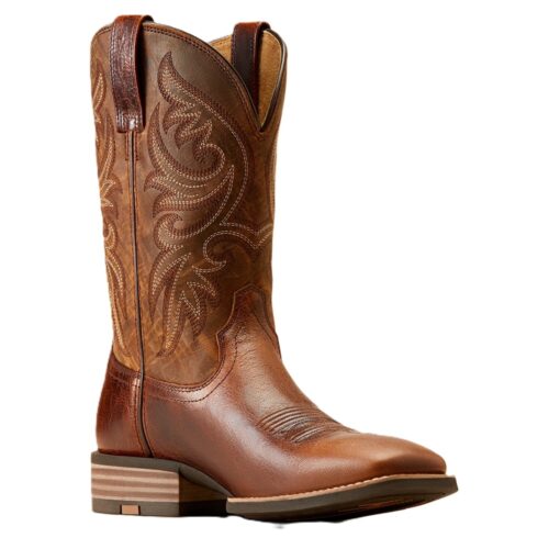 Brown leather cowboy boots with stitching.