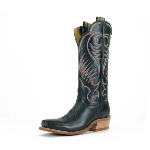 Black leather cowboy boot with colorful stitching.