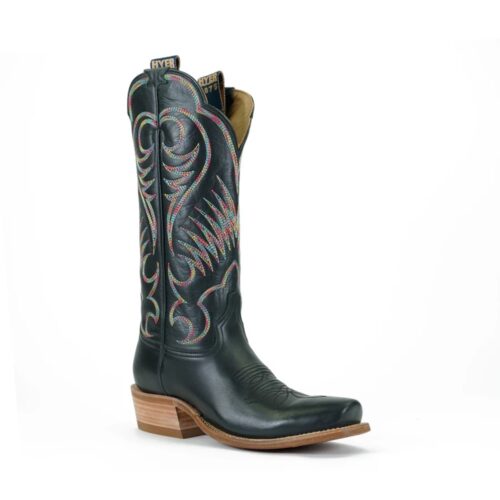 Black leather cowboy boot with rainbow stitching.