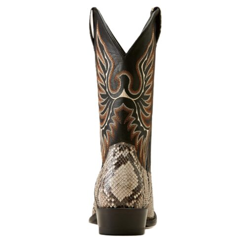 Black and brown snakeskin cowboy boots.