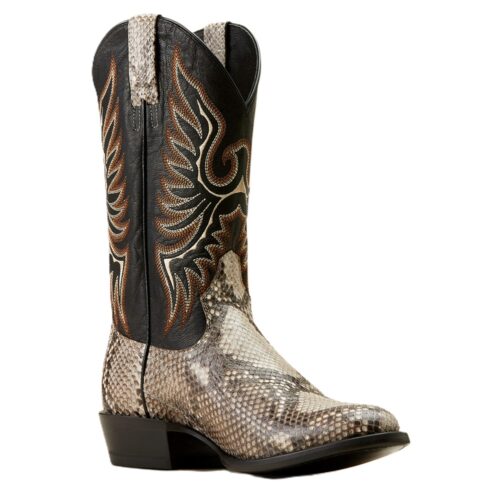 Brown and black snakeskin cowboy boot.