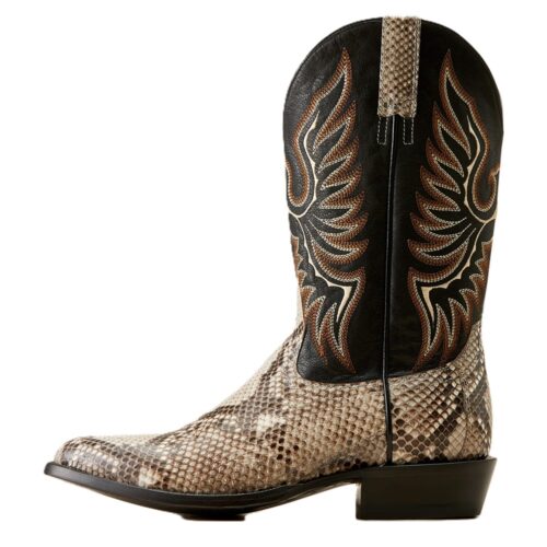 Brown and black snakeskin cowboy boots.