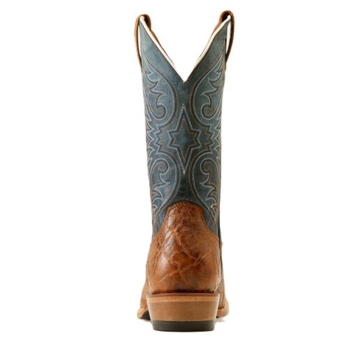 Brown leather cowboy boot with blue stitching.