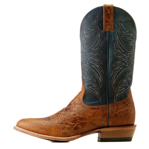 Brown leather cowboy boots with blue stitching.