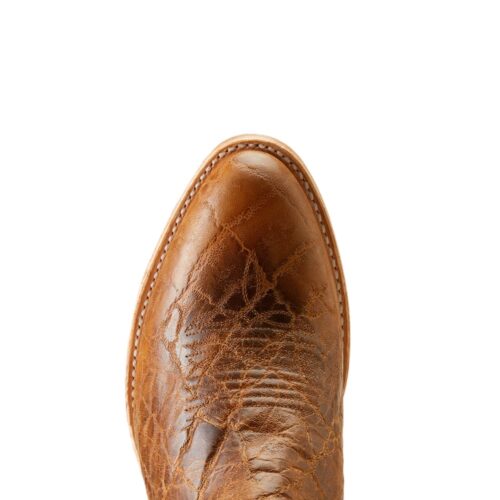 Brown leather cowboy boot top view.