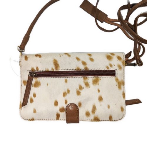 Brown and white spotted leather crossbody bag.