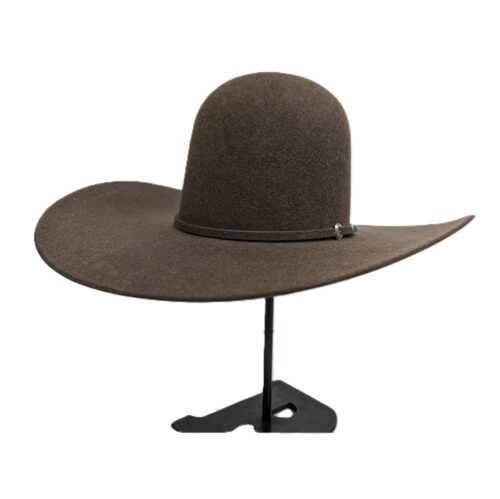 Brown felt cowboy hat on display stand.