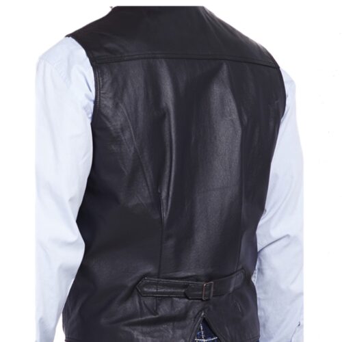 Black leather waistcoat with buckle back.