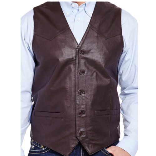 Brown leather buttoned vest for men.