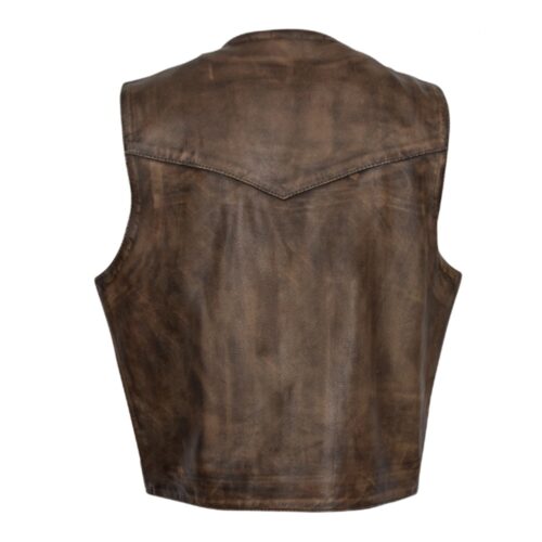 Brown leather motorcycle vest back view.