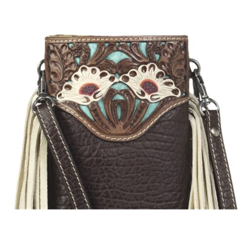 Brown leather purse with floral design and tassels.