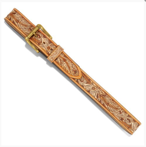 Embossed leather belt with floral design.