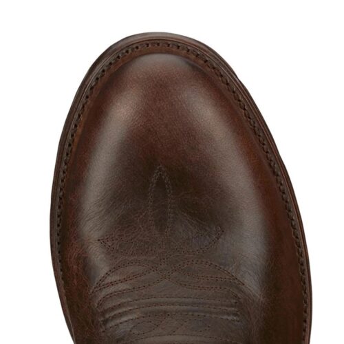 Brown leather cowboy boot top view.