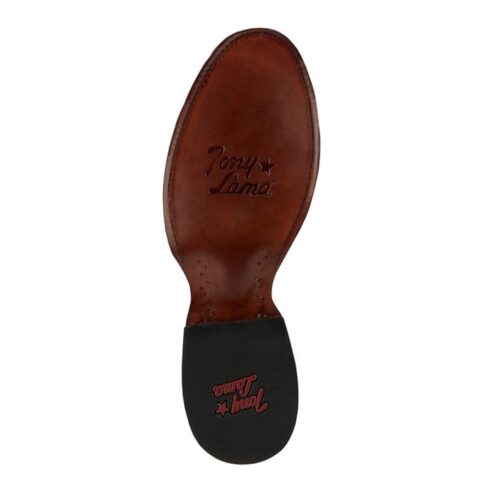 Brown leather boot sole with Tony Lama logo.