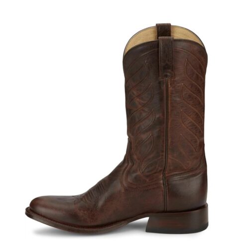 Brown leather cowboy boots with stitching.