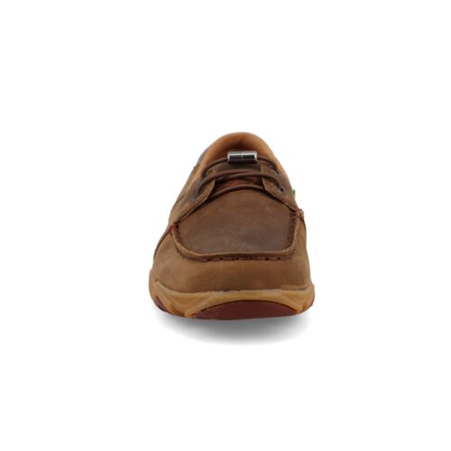 Brown leather boat shoe with laces.