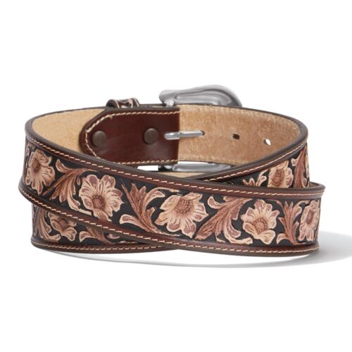 Brown leather belt with floral tooling.