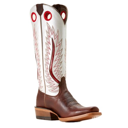 White and brown cowboy boots with red accents.