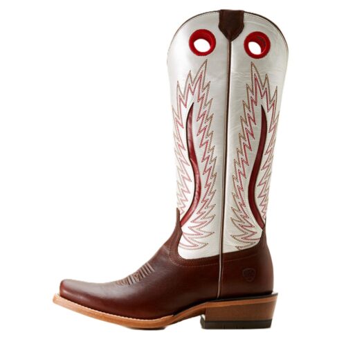 White and brown cowboy boot with red stitching.