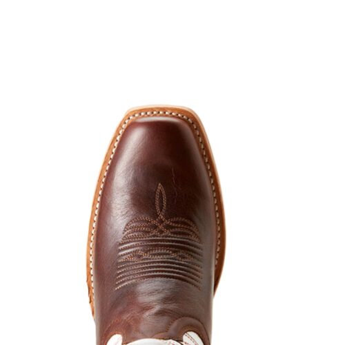 Brown leather cowboy boot with stitching.