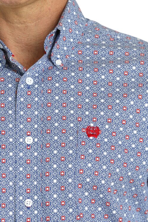 Blue and red patterned button-up shirt.