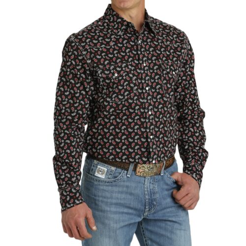 Man wearing a black and red paisley shirt.