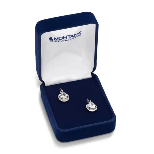 Pear-shaped diamond earrings in blue box.