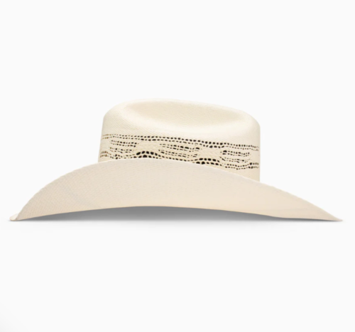 Cream colored cowboy hat with trim.