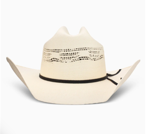 White straw cowboy hat with black band.