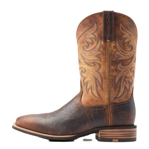 Brown leather cowboy boots with blue stitching.