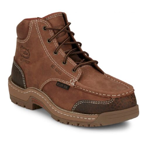 Brown leather work boots with alloy toe.