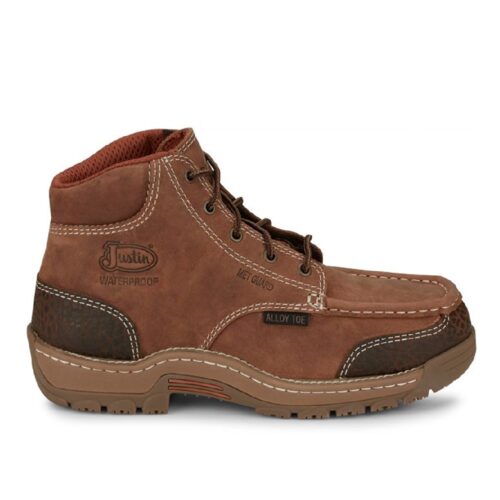 Brown Justin waterproof work boots with alloy toe.