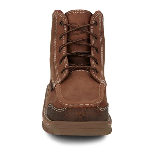 Brown leather lace-up work boots.