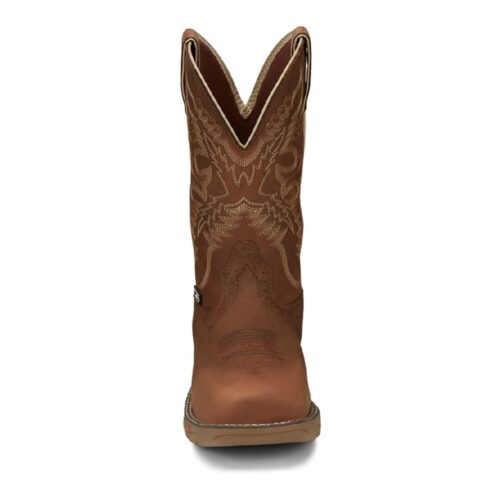 Brown leather cowboy boots with embroidery.