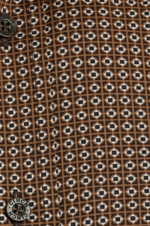 Brown and white geometric patterned shirt.