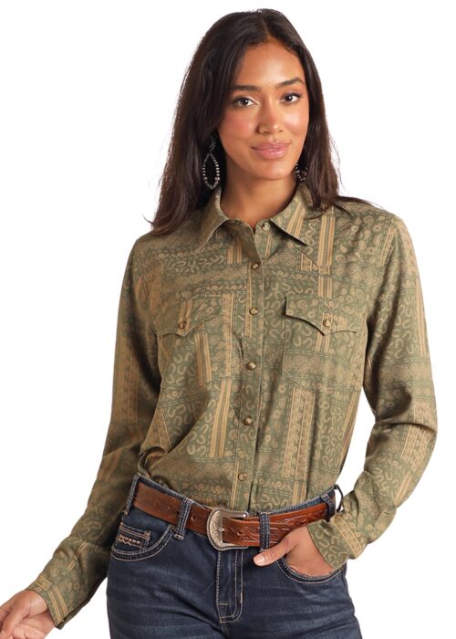 Panhandle Slim Women's Olive Paisley Patchwork Snap Shirt - Image 2