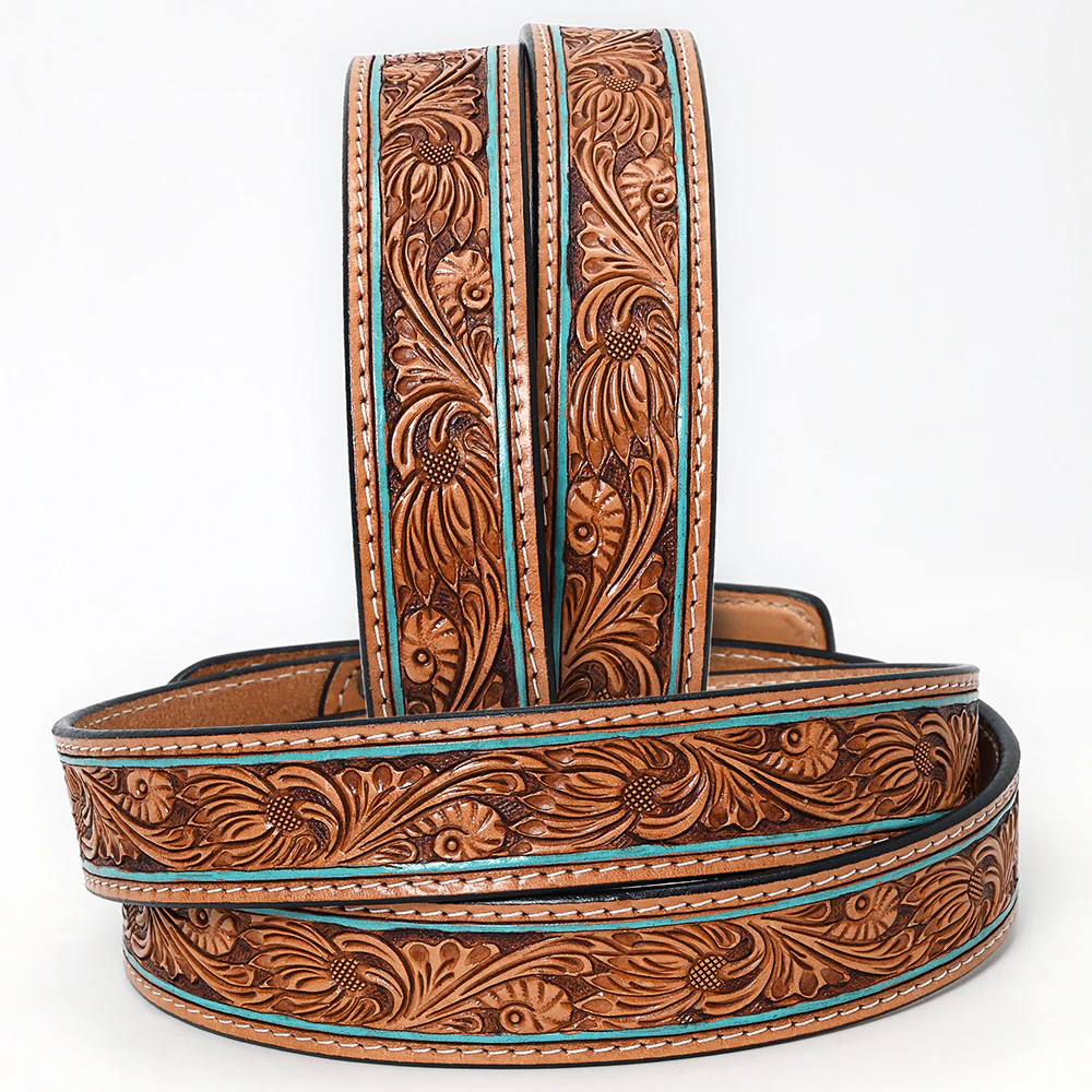 Ladies Western Leather Belt - Turquoise-Edge Floral Scroll