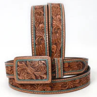 Ladies Western Leather Belt - Turquoise-Edge Floral Scroll