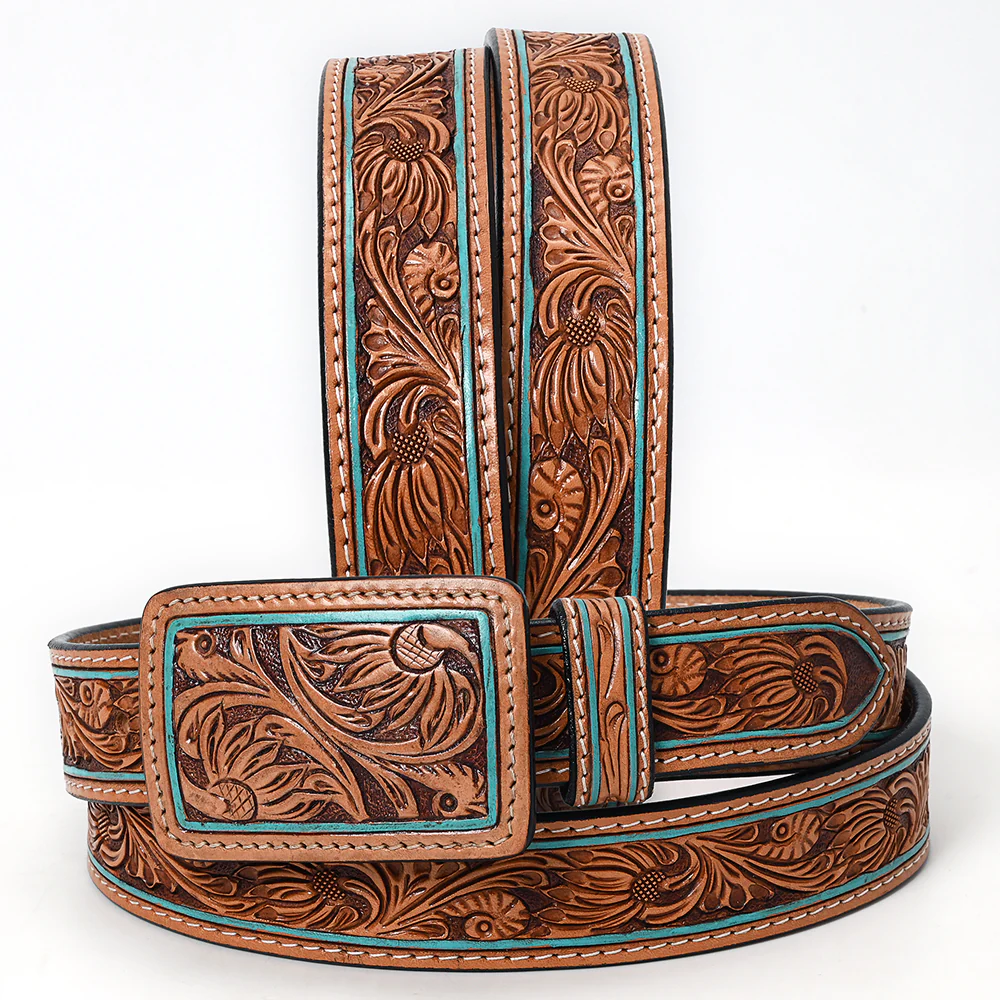 Ladies Western Leather Belt - Turquoise-Edge Floral Scroll