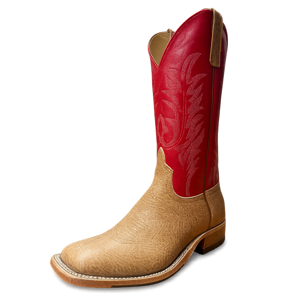 Anderson Bean boots, men's western boots, bull tan shrunken shoulder, cherry red upper, handcrafted boots, USA made boots, wide square toe boots, hybrid sole boots, cowboy boots, riding boots, ranch boots, durable western footwear, premium leather boots